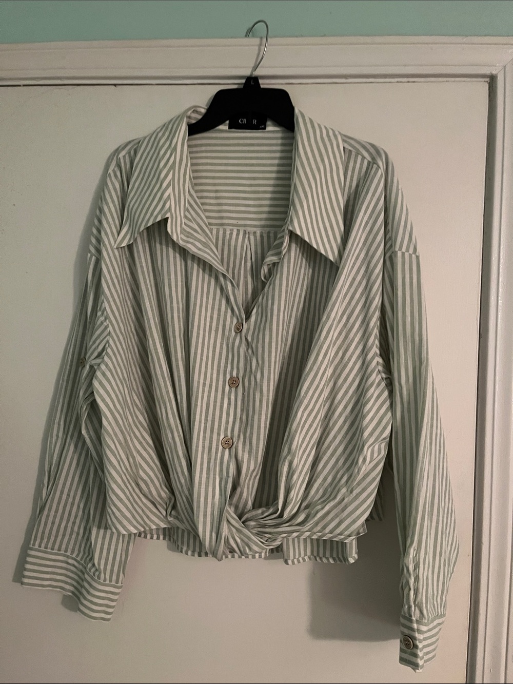 Cider Light Green and White Striped Button-Front Tie Hem Shirt